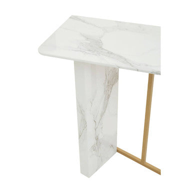 White Marble Effect Top Console Table with Gold Powder Coated Metal Base, Vieste