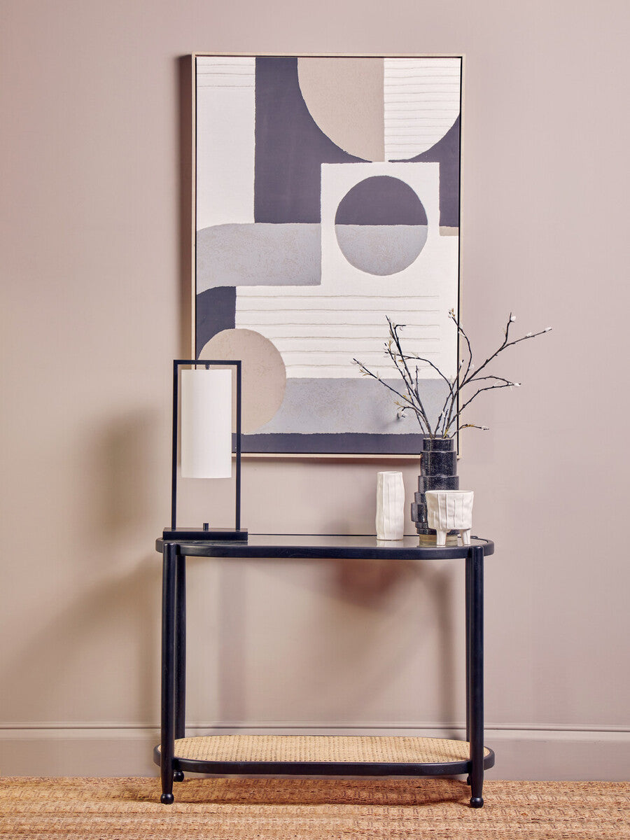 Black Elm Wooden Frame and Clear Glass Top 2-Tier Console Table with Natural Rattan Shelf, Cebu
