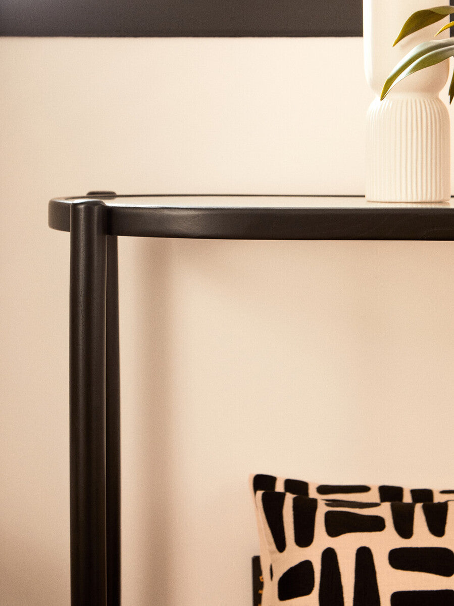 Black Elm Wooden Frame and Clear Glass Top 2-Tier Console Table with Natural Rattan Shelf, Cebu