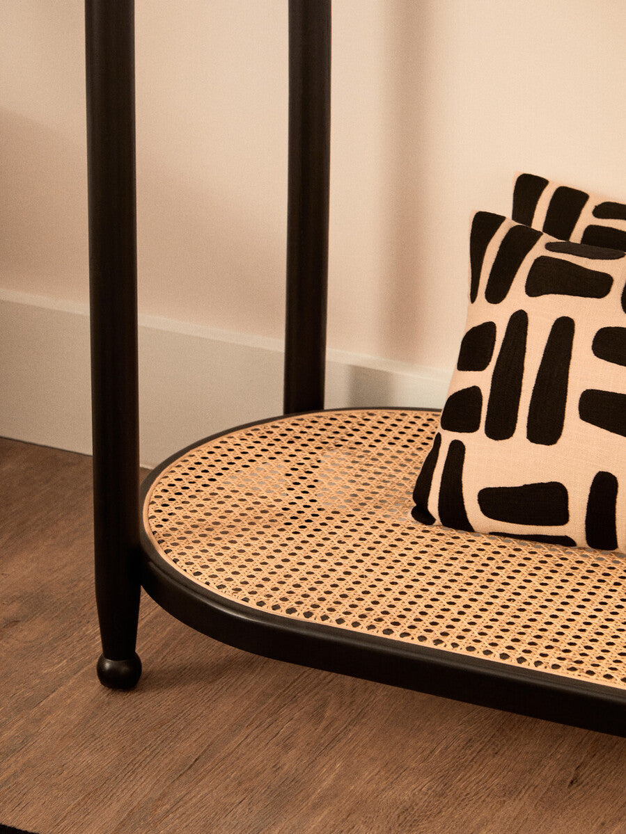 Black Elm Wooden Frame and Clear Glass Top 2-Tier Console Table with Natural Rattan Shelf, Cebu