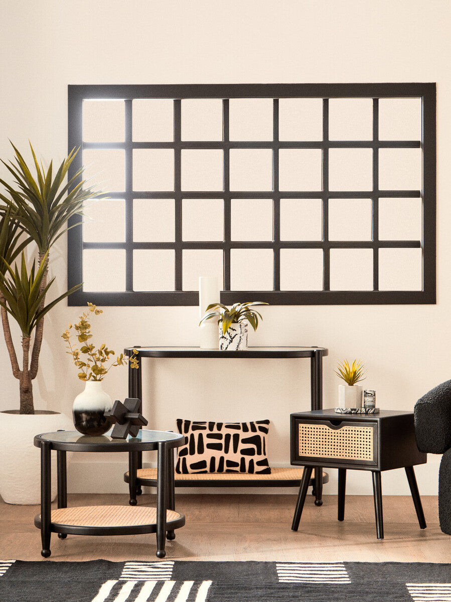 Black Elm Wooden Frame and Clear Glass Top 2-Tier Console Table with Natural Rattan Shelf, Cebu