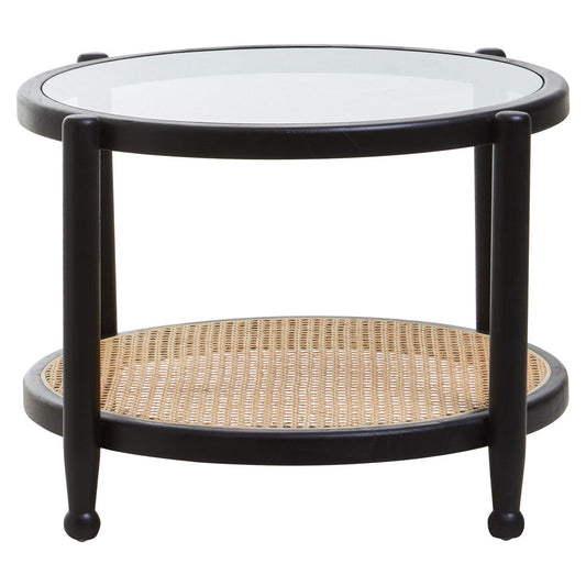 Black Wood and Rattan Frame Coffee Table with Glass Top, Cebu