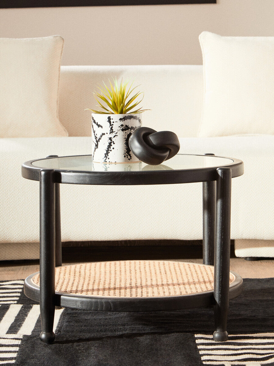 Black Wood and Rattan Frame Coffee Table with Glass Top, Cebu