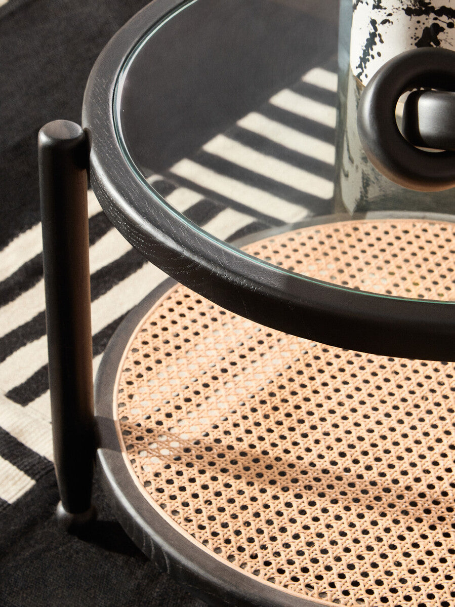 Black Wood and Rattan Frame Coffee Table with Glass Top, Cebu