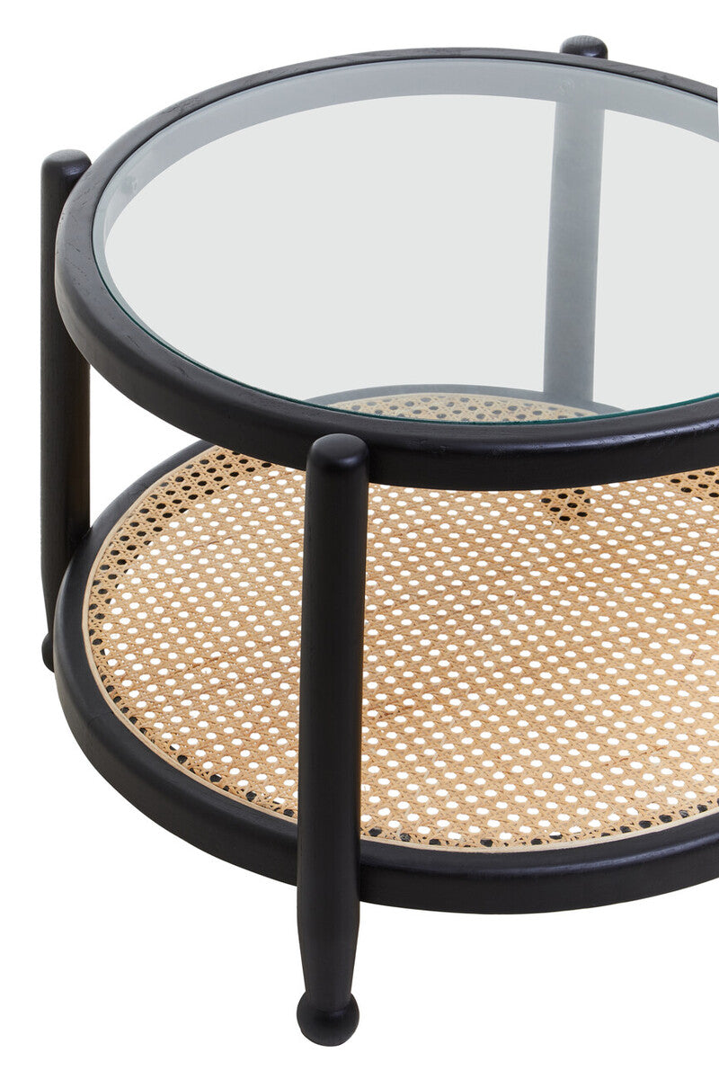 Black Wood and Rattan Frame Coffee Table with Glass Top, Cebu
