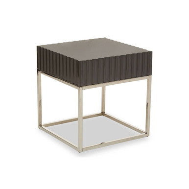 Grey Gloss Square Side Table with Fluted Carved Top and Silver Stainless Steel Frame, Genoa