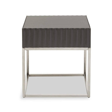 Grey Gloss Square Side Table with Fluted Carved Top and Silver Stainless Steel Frame, Genoa