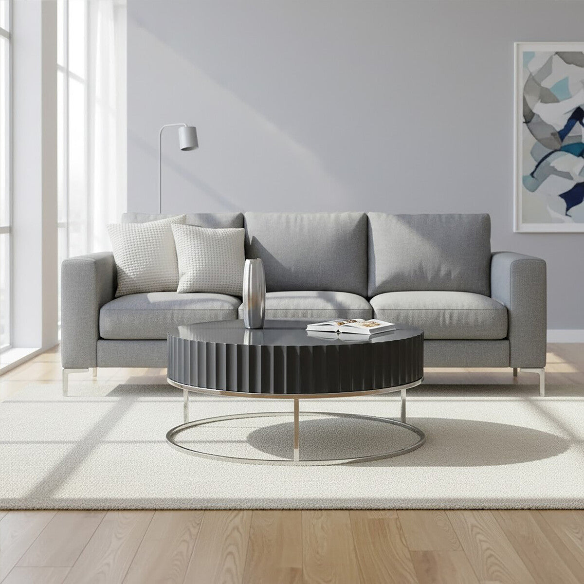 Grey Gloss Finish Wooden Coffee Table with Stainless Steel Base, Genoa