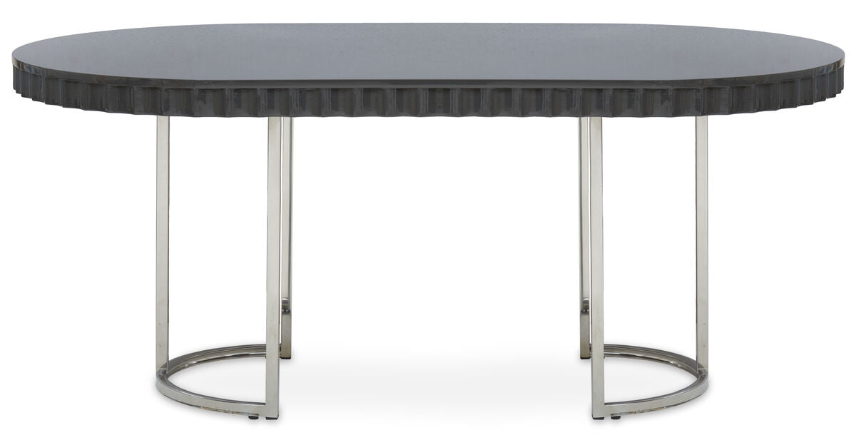 Grey High Gloss Oval Dining Table with Fluted Edge and Polished Stainless Steel Sledge Base, Genoa