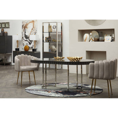 Grey High Gloss Oval Dining Table with Fluted Edge and Polished Stainless Steel Sledge Base, Genoa