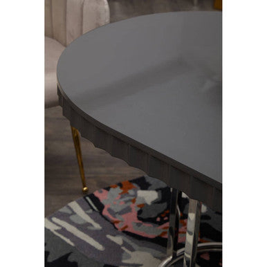 Grey High Gloss Oval Dining Table with Fluted Edge and Polished Stainless Steel Sledge Base, Genoa