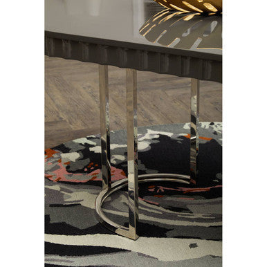 Grey High Gloss Oval Dining Table with Fluted Edge and Polished Stainless Steel Sledge Base, Genoa