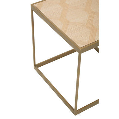 Natural Oak Veneer Small Side Table with Brown Brushed Brass Steel Sledge Base, Grenoble