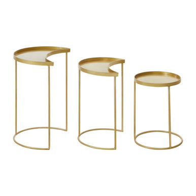 Set of 3 Antique Brass Finish Metallic Nesting Side Tables with Slim Legs and Half-Moon Tops, Suar