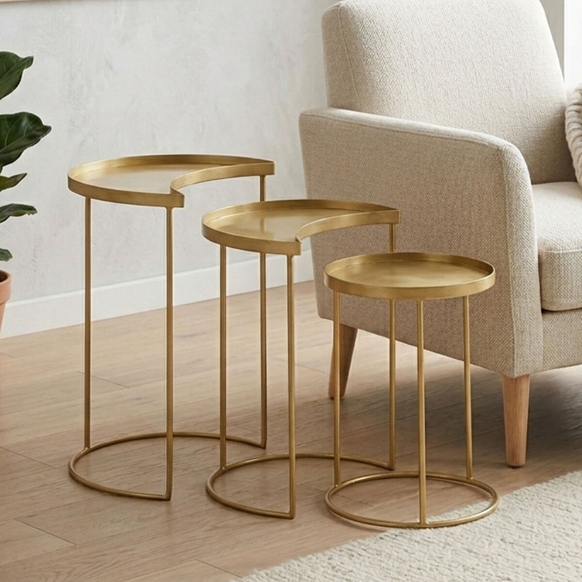 Suar Antique Brass Finish Set of 3 Nesting Side Tables