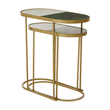 Set of 2 Marble Top Nesting Side Tables with Slim Antique Brass Finish Geometric Base, Suar