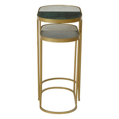 Set of 2 Marble Top Nesting Side Tables with Slim Antique Brass Finish Geometric Base, Suar