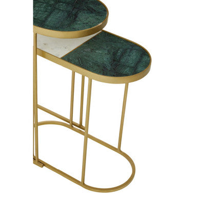 Set of 2 Marble Top Nesting Side Tables with Slim Antique Brass Finish Geometric Base, Suar
