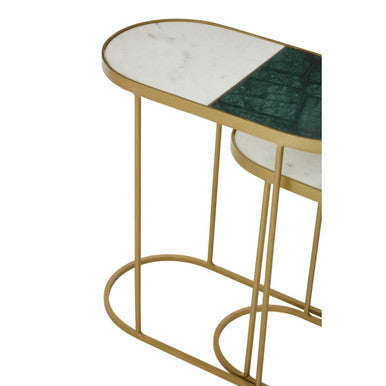 Set of 2 Marble Top Nesting Side Tables with Slim Antique Brass Finish Geometric Base, Suar