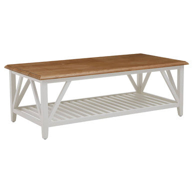Natural Oak Top Coffee Table with Lower Shelf White Birch Wood Base, Parkside