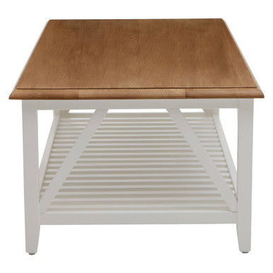 Natural Oak Top Coffee Table with Lower Shelf White Birch Wood Base, Parkside