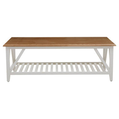 Natural Oak Top Coffee Table with Lower Shelf White Birch Wood Base, Parkside
