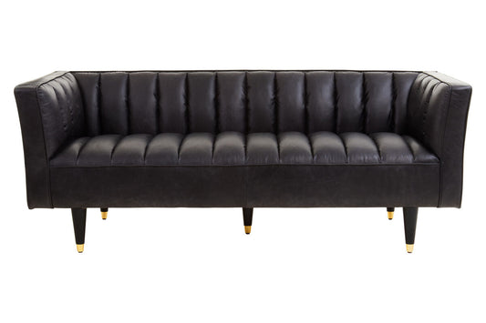 3 Seater Black Leather Sofa with Flared Arms, King