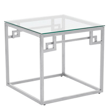 Silver Finish Tempered Glass Top Side Table with Stainless Steel Geometric Frame, Allure