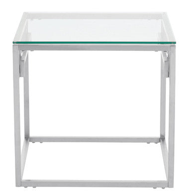 Silver Finish Tempered Glass Top Side Table with Stainless Steel Geometric Frame, Allure