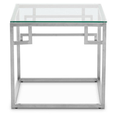 Silver Finish Tempered Glass Top Side Table with Stainless Steel Geometric Frame, Allure