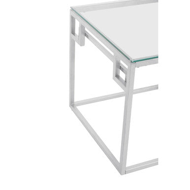 Silver Finish Tempered Glass Top Side Table with Stainless Steel Geometric Frame, Allure