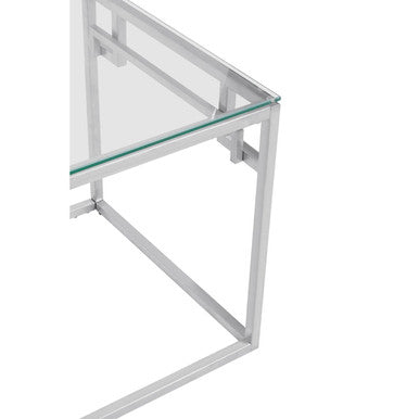 Silver Finish Tempered Glass Top Side Table with Stainless Steel Geometric Frame, Allure