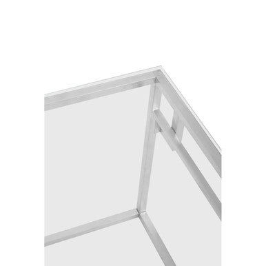 Silver Finish Tempered Glass Top Side Table with Stainless Steel Geometric Frame, Allure