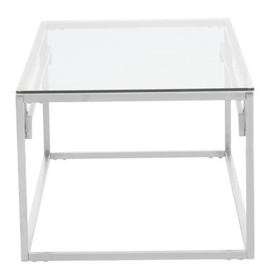 Silver Finish Tempered Glass Top Coffee Table with Stainless Steel Geometric Frame, Allure