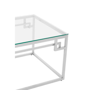 Silver Finish Tempered Glass Top Coffee Table with Stainless Steel Geometric Frame, Allure