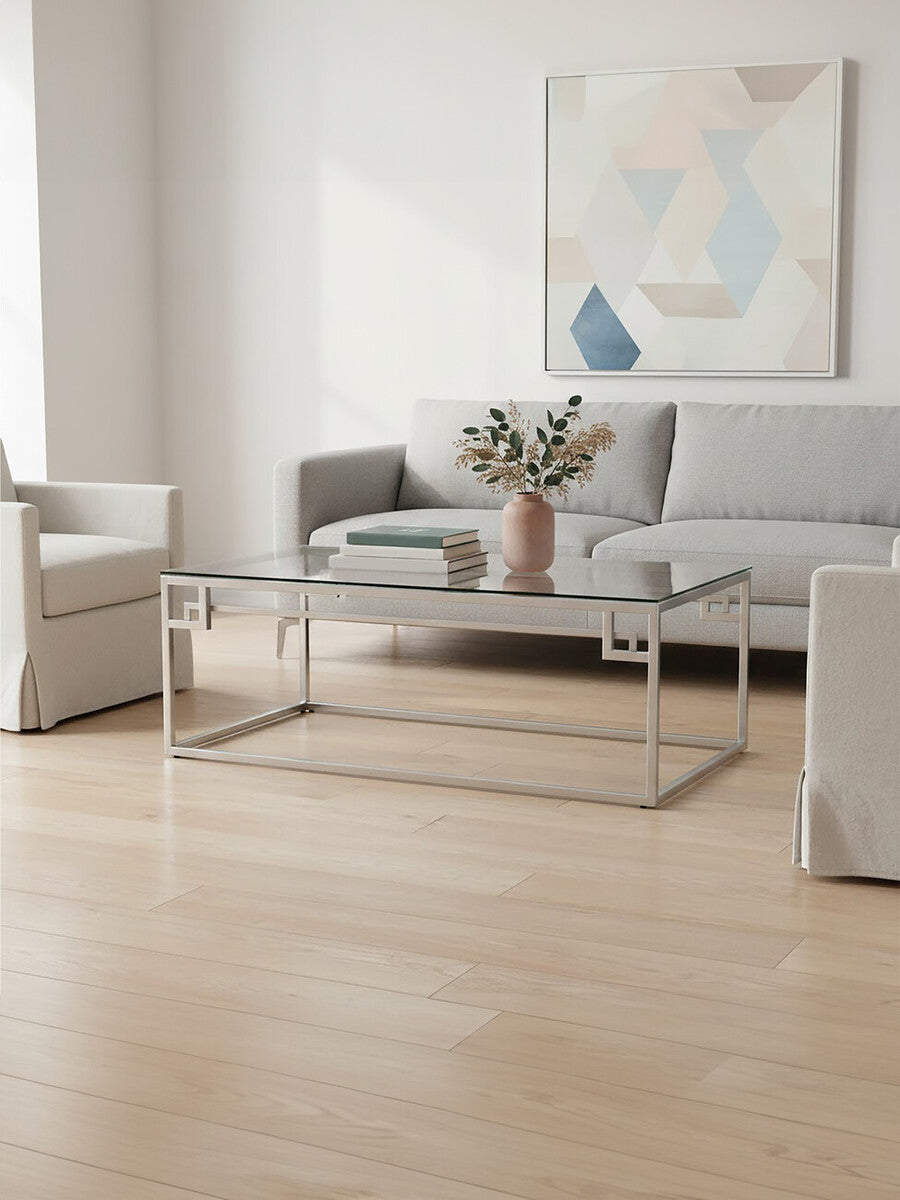Silver Finish Tempered Glass Top Coffee Table with Stainless Steel Geometric Frame, Allure