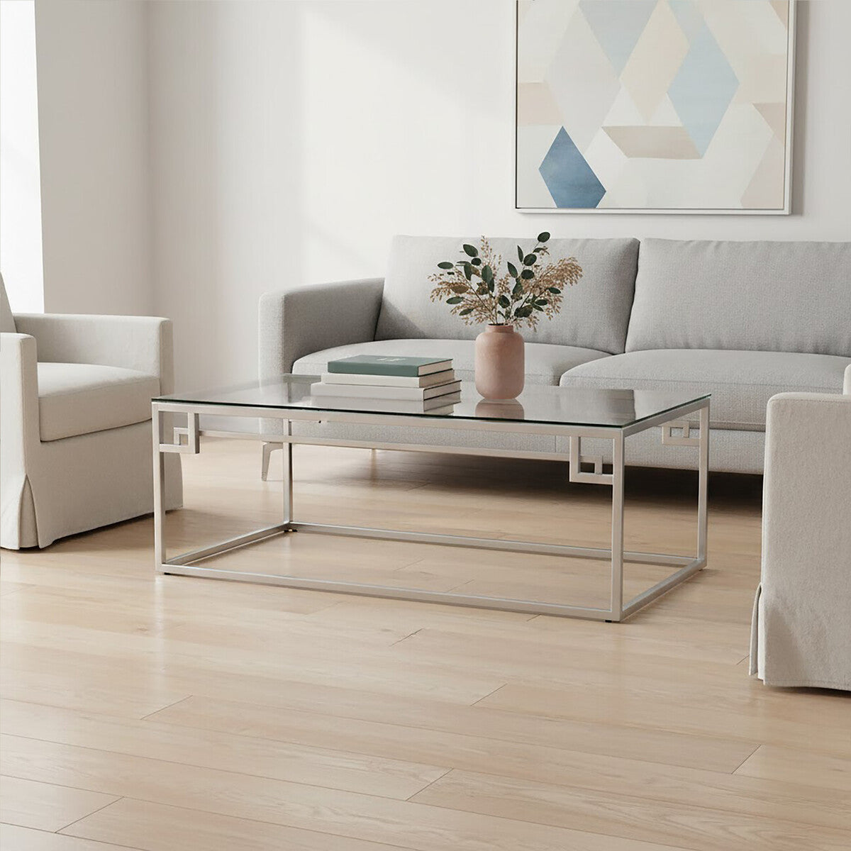 Silver Finish Tempered Glass Top Coffee Table with Stainless Steel Geometric Frame, Allure