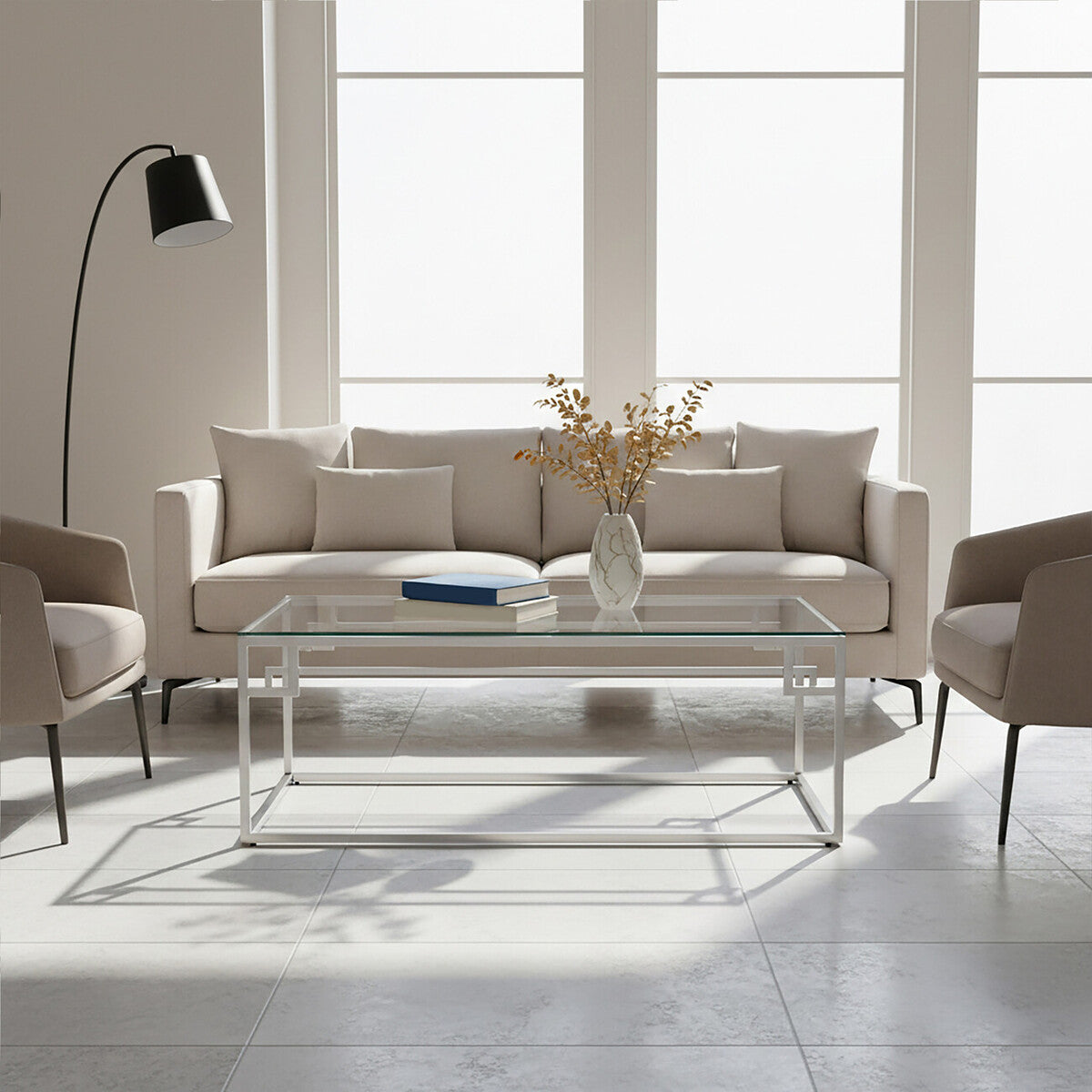 Silver Finish Tempered Glass Top Coffee Table with Stainless Steel Geometric Frame, Allure