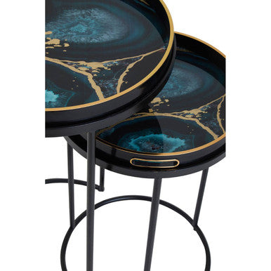 Set of Two Round Nesting Tables with Multicolour Agate Effect Tray Tops and Black Metal Frames, Celina