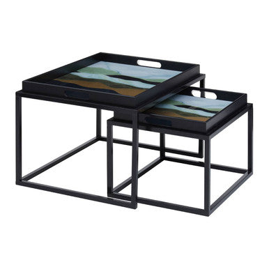 Set of 2 Multicolour Agate Effect Removable Tray Tops Nesting Side Tables with Black Metal Frames, Celina