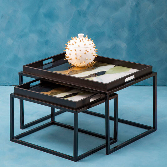 Set of 2 Multicolour Agate Effect Removable Tray Tops Nesting Side Tables with Black Metal Frames, Celina