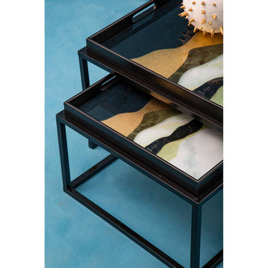 Set of 2 Multicolour Agate Effect Removable Tray Tops Nesting Side Tables with Black Metal Frames, Celina