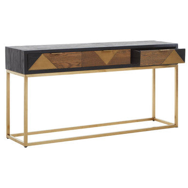 Black and Gold Oak Wood Console Table with Geometric Brass Drawer Panels and Gold Stainless Steel Legs, Siena