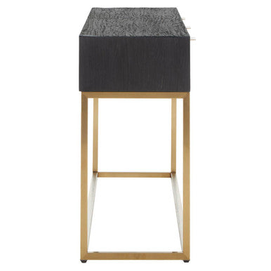 Black and Gold Oak Wood Console Table with Geometric Brass Drawer Panels and Gold Stainless Steel Legs, Siena