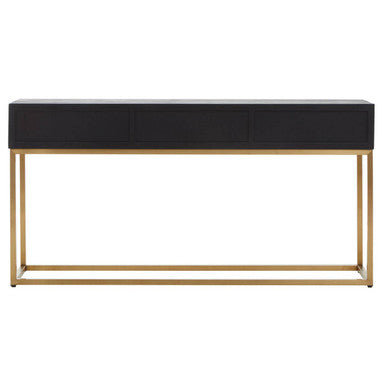 Black and Gold Oak Wood Console Table with Geometric Brass Drawer Panels and Gold Stainless Steel Legs, Siena