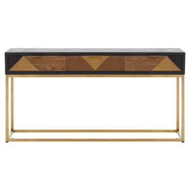 Black and Gold Oak Wood Console Table with Geometric Brass Drawer Panels and Gold Stainless Steel Legs, Siena