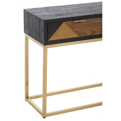 Black and Gold Oak Wood Console Table with Geometric Brass Drawer Panels and Gold Stainless Steel Legs, Siena