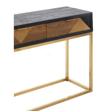 Black and Gold Oak Wood Console Table with Geometric Brass Drawer Panels and Gold Stainless Steel Legs, Siena