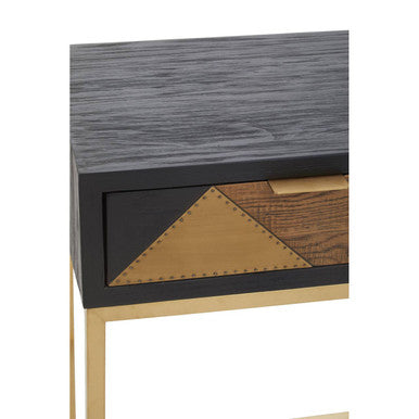 Black and Gold Oak Wood Console Table with Geometric Brass Drawer Panels and Gold Stainless Steel Legs, Siena