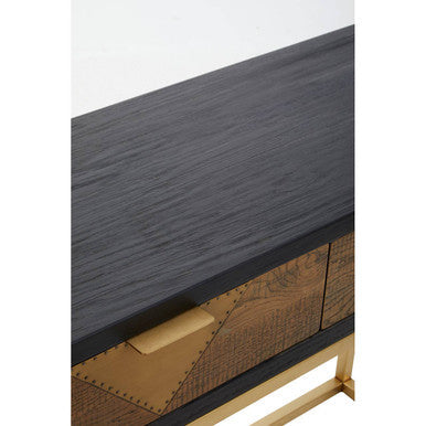 Black and Gold Oak Wood Console Table with Geometric Brass Drawer Panels and Gold Stainless Steel Legs, Siena